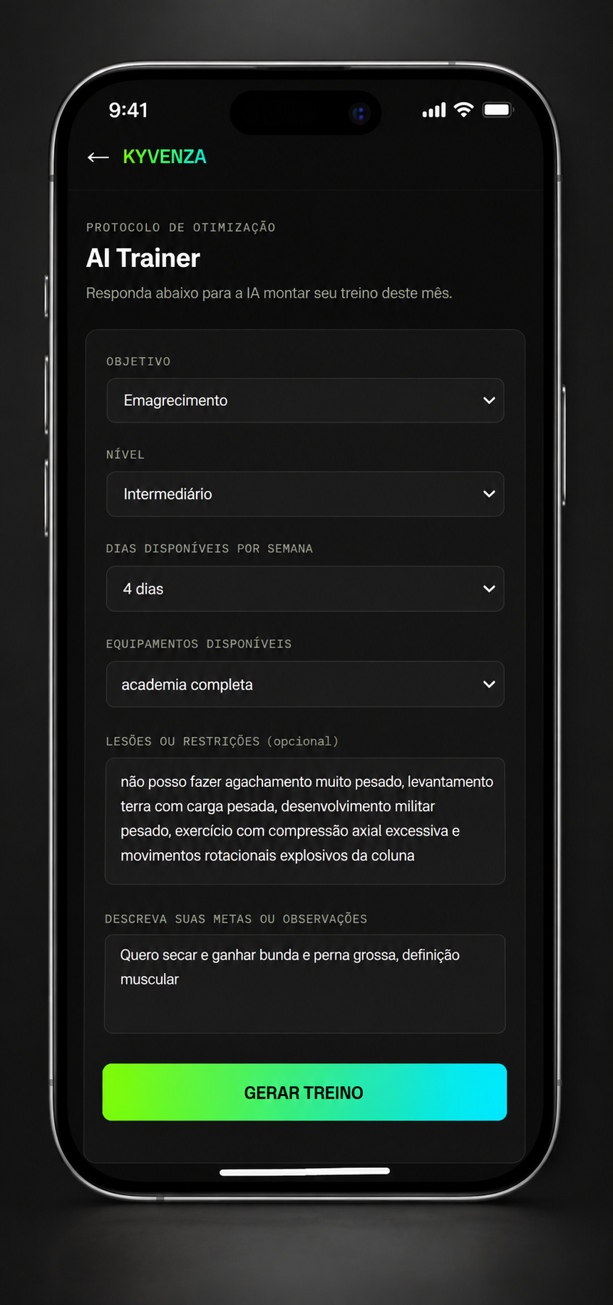 Tela do AI Trainer, questionário de perfil